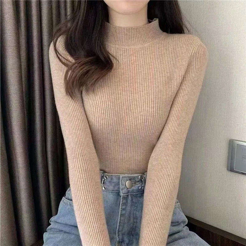 Elegant Solid Basic Knitted Tops Women Turtlneck Sweater Long Sleeve Casual Slim Pullover Korean Fashion Simple Chic Clothes voguable