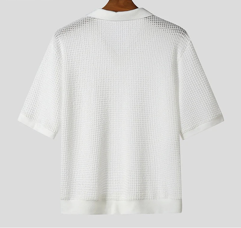Men Shirt Solid Color Hollow Out Short Sleeve Summer Casual Men Clothing See Through Streetwear Fashion Male Shirts voguable