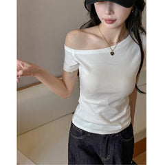 Solid Off Shoulder Short Sleeve T Shirt Simple Basic Sexy Single Sleeved Jumper Top Streetwear Slim Fit Female Y2K Clothes Tees voguable