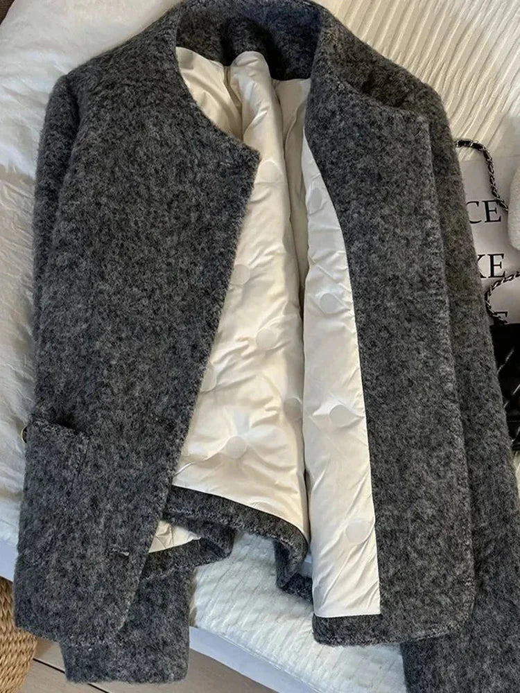 Winter Faux Woolen Gray Coat Women Vintage Thick Warm Long Sleeve Slim Jacket Casual O Neck Female Korean Elegant Retro Top voguable