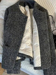 Winter Faux Woolen Gray Coat Women Vintage Thick Warm Long Sleeve Slim Jacket Casual O Neck Female Korean Elegant Retro Top voguable