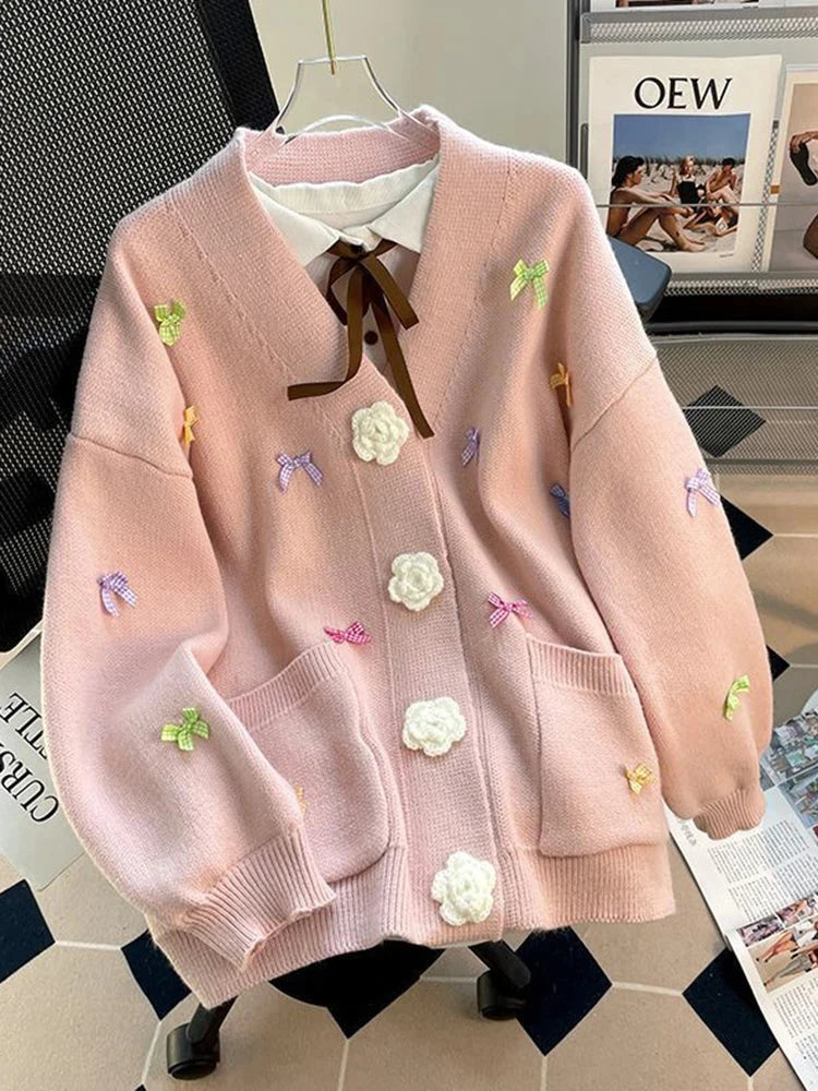 3D Floral Sweet Bow Cardigan Sweaters Women Preppy Style Loose V Neck Korean Knitted Jacket Casual Fashion Long Sleeve Fall Tops voguable