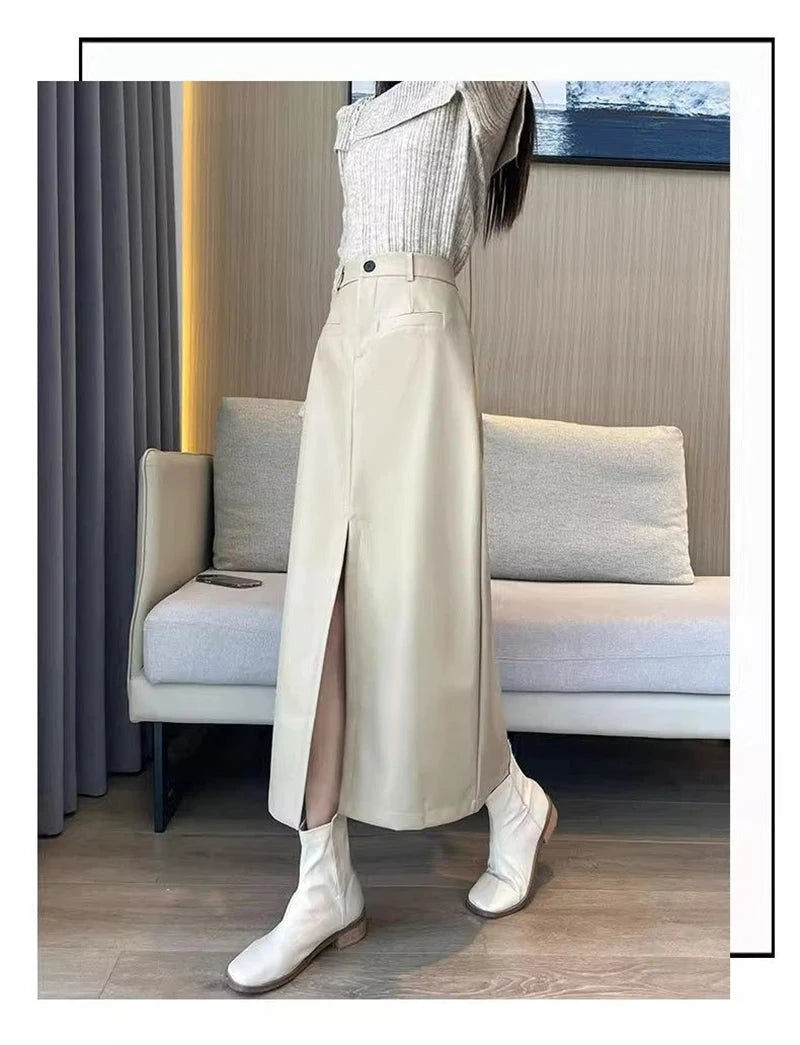Sexy Slit Pu Long Skirt Women High Waist Slim Vintage Skirts Casual Fall Winter Lady Solid Retro American Streetwear Long Skirt voguable