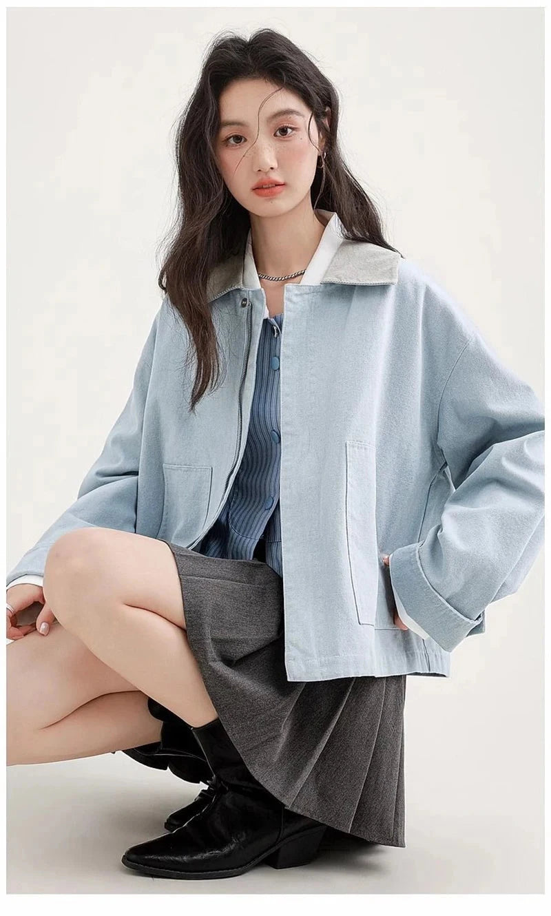 Blue Cargo Jacket Women Sweet Preppy Style Long Sleeve Retro Coat Casual Patchwork Turn Down Collar Korean Fall Outwear Top voguable