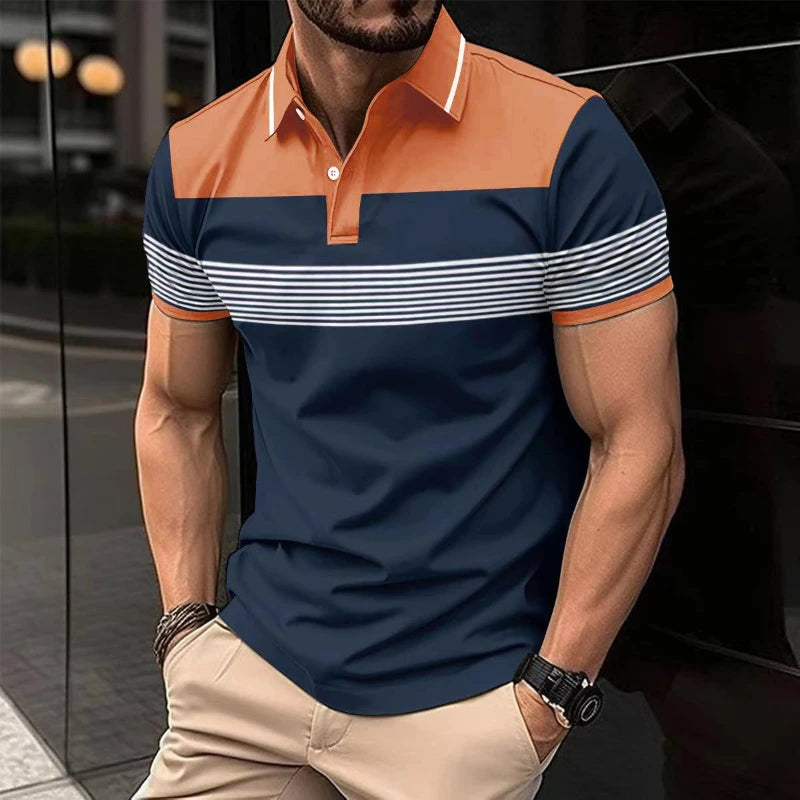Voguable  Business Casual Men Polo Shirts Summer New Lapel Striped Button Contrast Color Streetwear Fashion Office Social Short Sleeve Top voguable