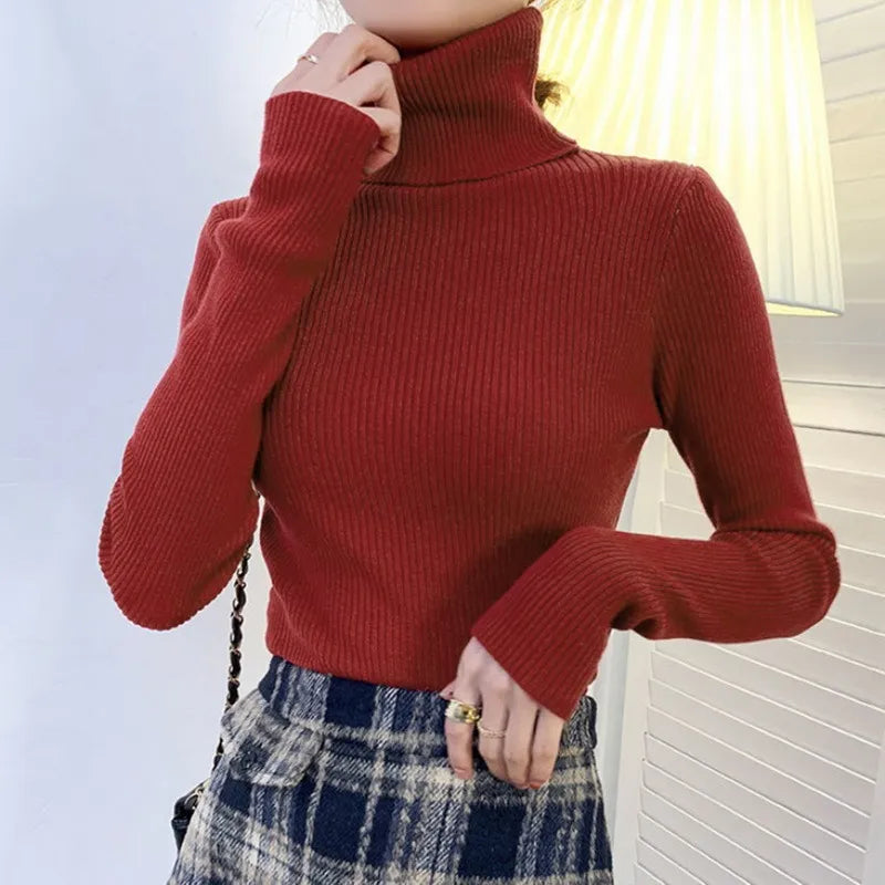 Elegant Solid Basic Knitted Tops Women Turtlneck Sweater Long Sleeve Casual Slim Pullover Korean Fashion Simple Chic Clothes voguable