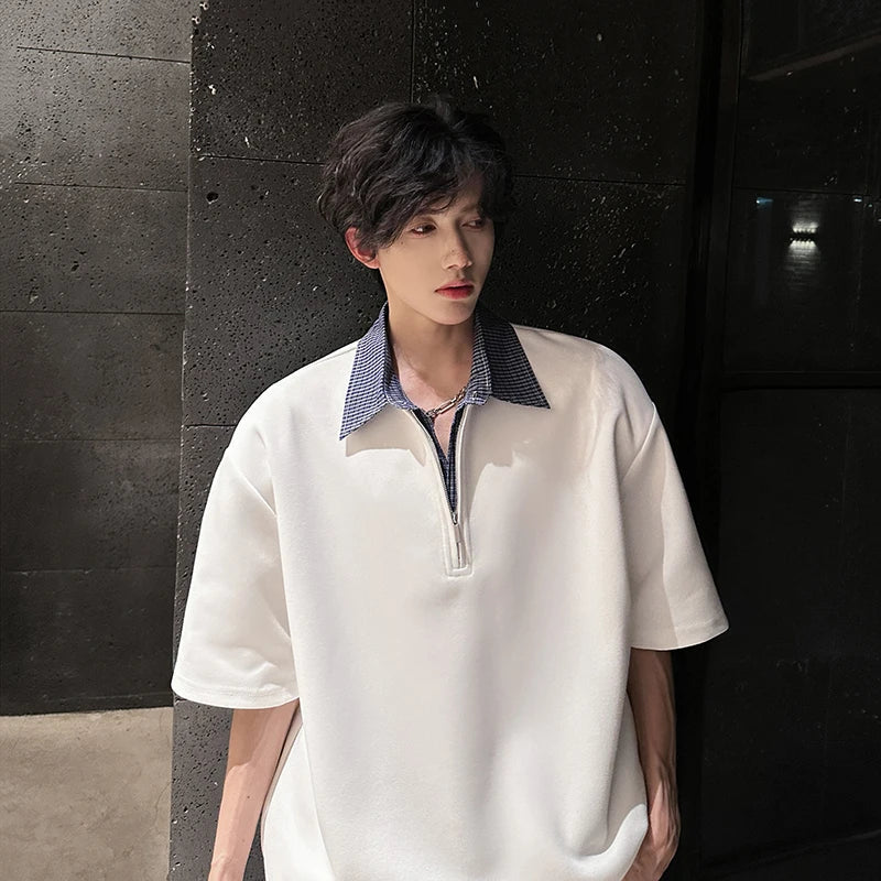 POLOshirt Mens Luxury new Solid Color Half Zip Polo Checkered Collar Stylish Trendy Streetwear T-Shirt Urban Fashion Casual Wear voguable