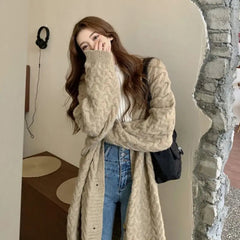 Midi Thicken Jacquard Sweater Coat Women's Clothing Autumn Winter New Vintage Solid Color Loose Knitted Ingle-breasted Cardigans voguable