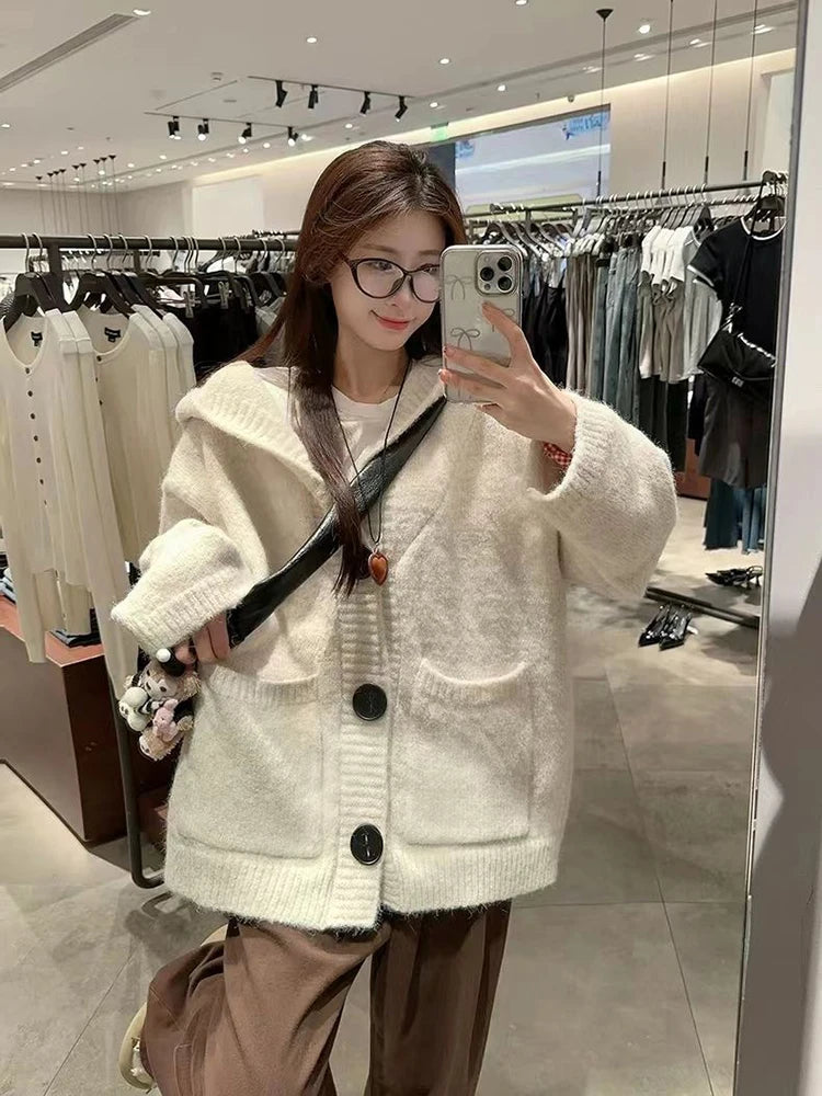 Korean Knitted Hoodie Sweater Women Autumn New Loose Lazy Style Long Sleeve Cardigan Fashion Single Breasted V Neck Knit Coats voguable