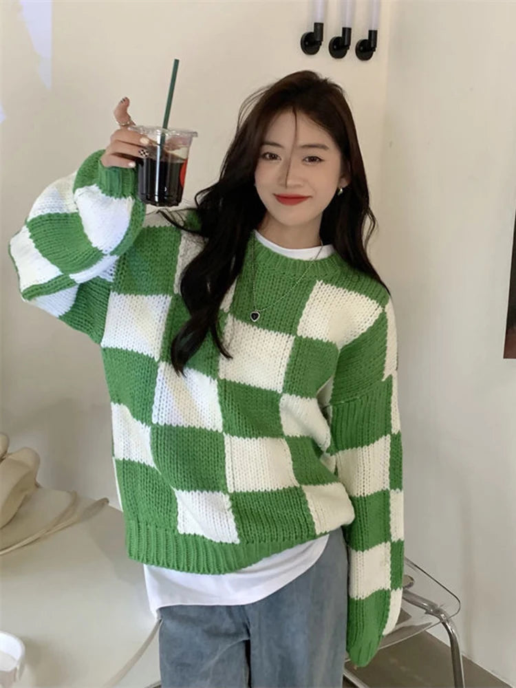 Voguable  Japan Vintage Women Plaid Sweater Oversize Loose Lazy Wind Knitted Pullover Preppy Style Casual Harajuku Fall Winter Top voguable