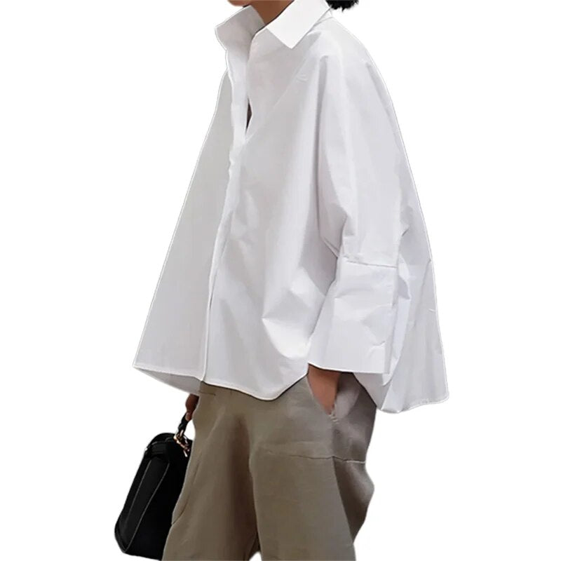 Stylish Selection Solid Color Lapel Collar Black White Blouse Spring Autumn Loose Causal Shirts Tops For Office Lady voguable