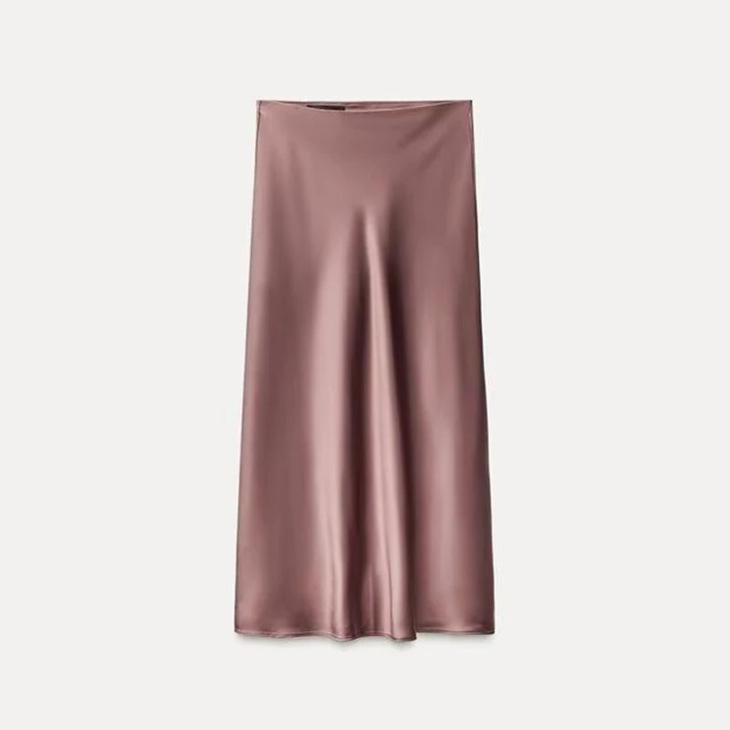 2025 Pink Sweet Satin Long Skirt New Solid Color High Waist Elegant Slim Summer Women Skirt Fashion Party Female Clothing voguable