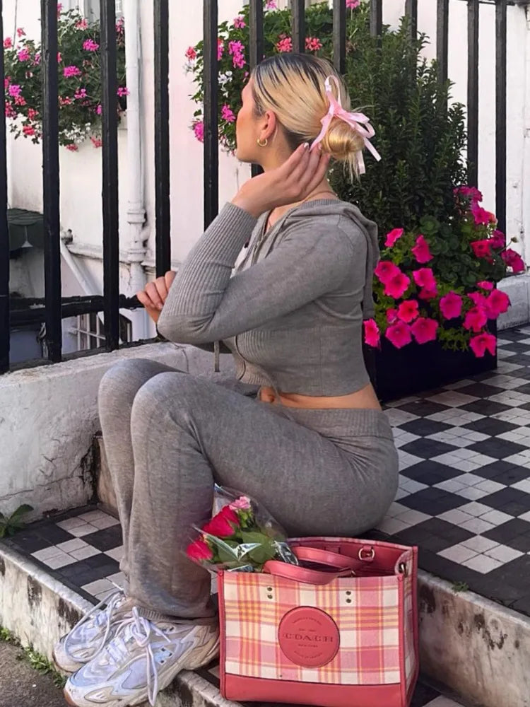 Tossy Knit Fashion 2 Piece-Set Trousers Hoodie Tracksuit Women Crop top Knitwear And Women's Pants Sets Female Trousers Outfits voguable