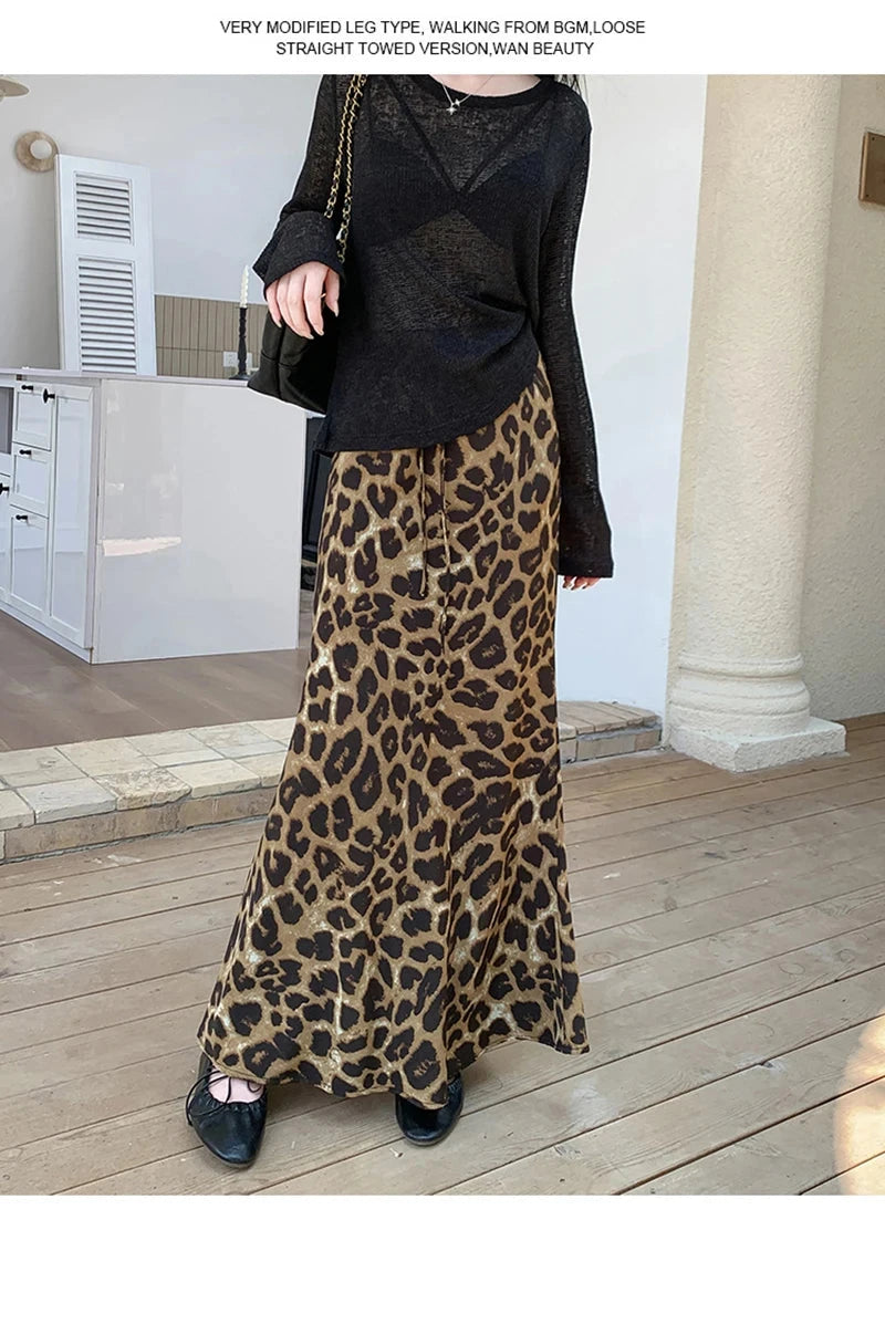 Sexy Slim Leopard Long Skirts Women High Waist Retro Streetwear Y2K Skirt Fall Casual Harajuku American Vintage Long Skirt voguable
