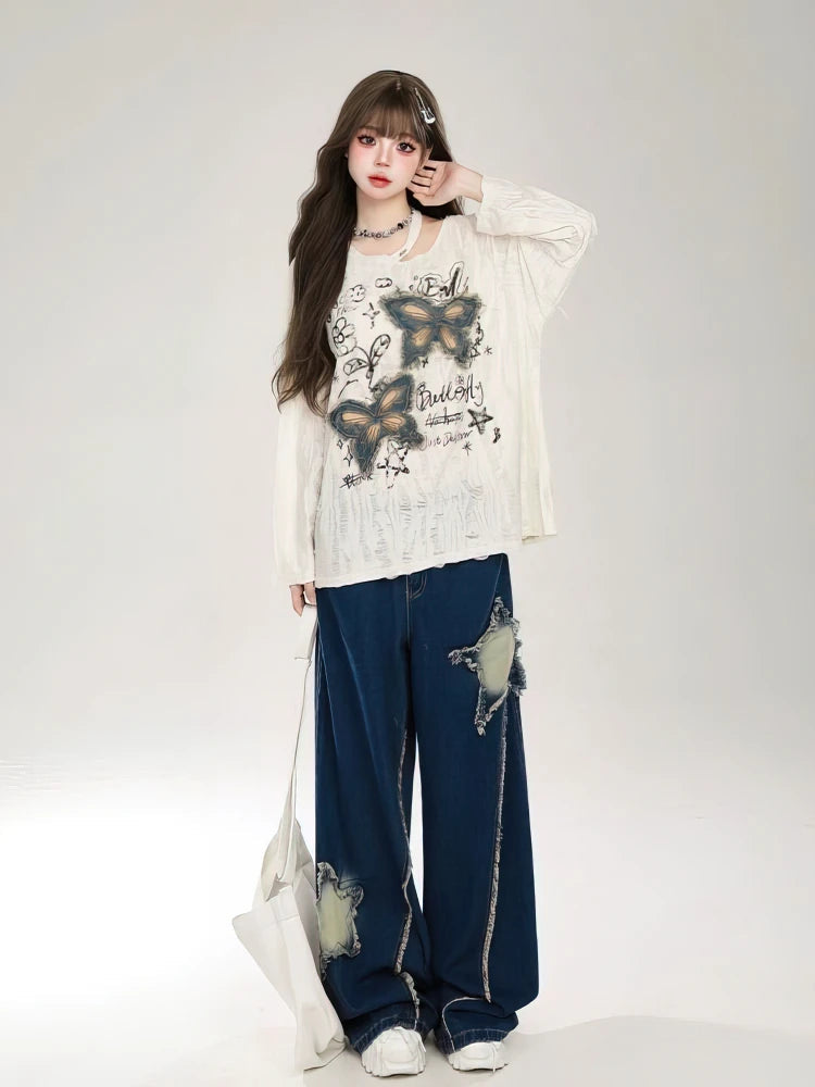 Y2k Holes Graphic Long sleeve T shirt Women Off shoulder Oversize Tops Female Spring Autumn Vintage s Basic Tees Streetwear voguable