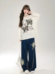 Y2k Holes Graphic Long sleeve T shirt Women Off shoulder Oversize Tops Female Spring Autumn Vintage s Basic Tees Streetwear voguable