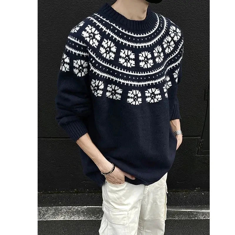 Vintage Navy Blue Sweater Jacquard O-Neck Knit Pullover New Autumn Winter Loose Couple Knitted Sweater Tops Aesthetic Streetwear voguable