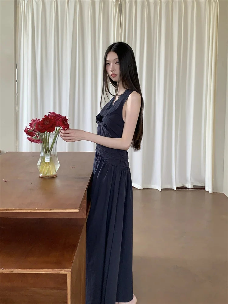 Lace Pathwork Sleeveless Long Modest Dress Summer 2025 Party Evening Dress 2025 V Neck Tunics A Line Midi Dress Clothes voguable