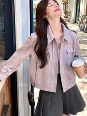 Purple Sweet Faux Suede Jacket Women Casual Vintage Korean Long Sleeve Coat Fall Winter Preppy Style Retro All Match Tops voguable