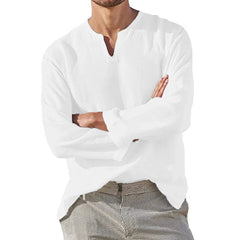 Men's Cotton Linen Shirt Cozy Solid Color Long Sleeve Breathable Tops V Neck Casual Blouse Hawaiian Shirt Lightweight Shirts voguable