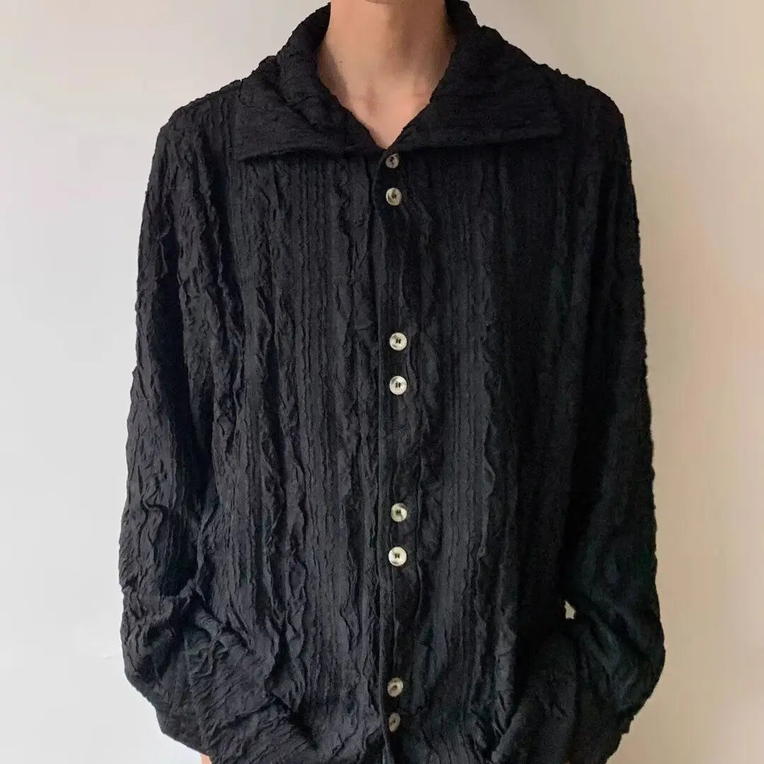 High-end Pleated Texture Shirt Men Draped Loose Casual Top French Retro Long-sleeved Shirt Unisex Vintage Elegant Button Blouse voguable