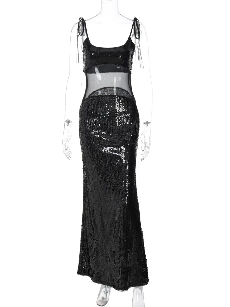 Sheer Mesh Spaghetti Strap Sexy Maxi Dress For Women Gown Glitter Sleeveless Backless High Waist Bodycon Club Dress voguable