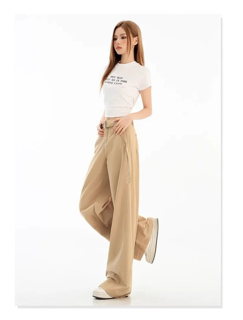Belt Retro Khaki Jeans Women Y2K High Waist Loose Streetwear Denim Pants Casual American Vintage Autumn Wide Leg Trousers voguable