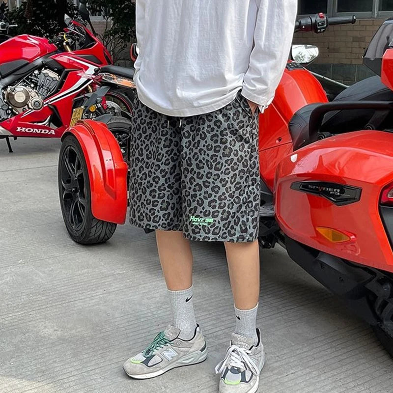 Voguable  Japanese Trendy Leopard Print Shorts Men Women Korean Style Summer Streetwear Unisex Outer Wear Loose Straight Kpop Beach Pants voguable