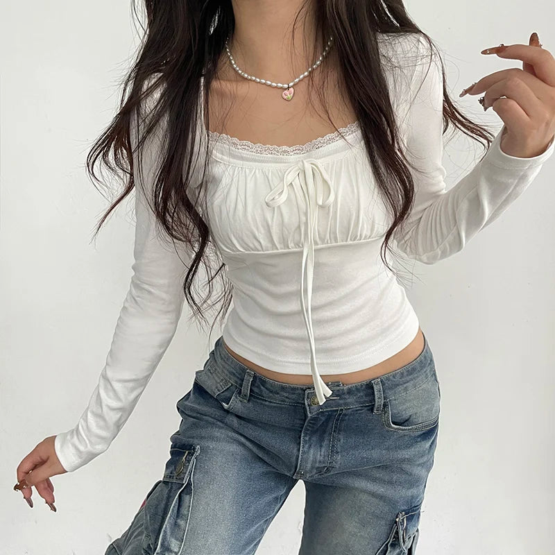 Voguable Gentle Elegant Lace Patchwork Knitted Cropped Top White Coquette Slim Long Sleeve T-shirts Fall Cute Casual Knitwear voguable