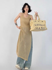 Voguable Designed Hollow Out Women Dress Loose Summer Korean Tanks Dress Casual Khaki Split Ladies Long Dress voguable