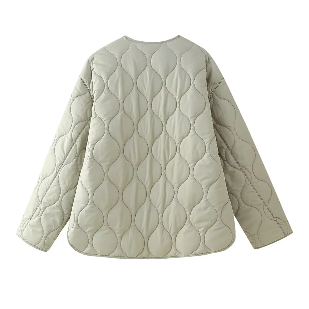 Autumn New Women's Clothing Style Round Neck Loose Lightweight Pocket Decoration Cotton Jacket Quilted Coat Pbong
