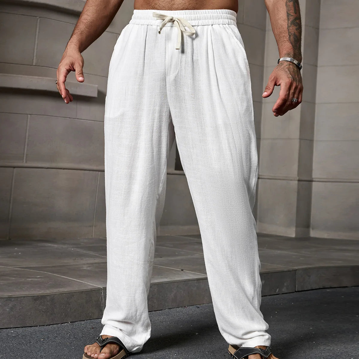 Voguable  Men's Cotton Linen Pants Summer Solid Color Breathable Linen Trousers Men Casual Elastic Waist Casual Pants Harajuku Trous Man voguable