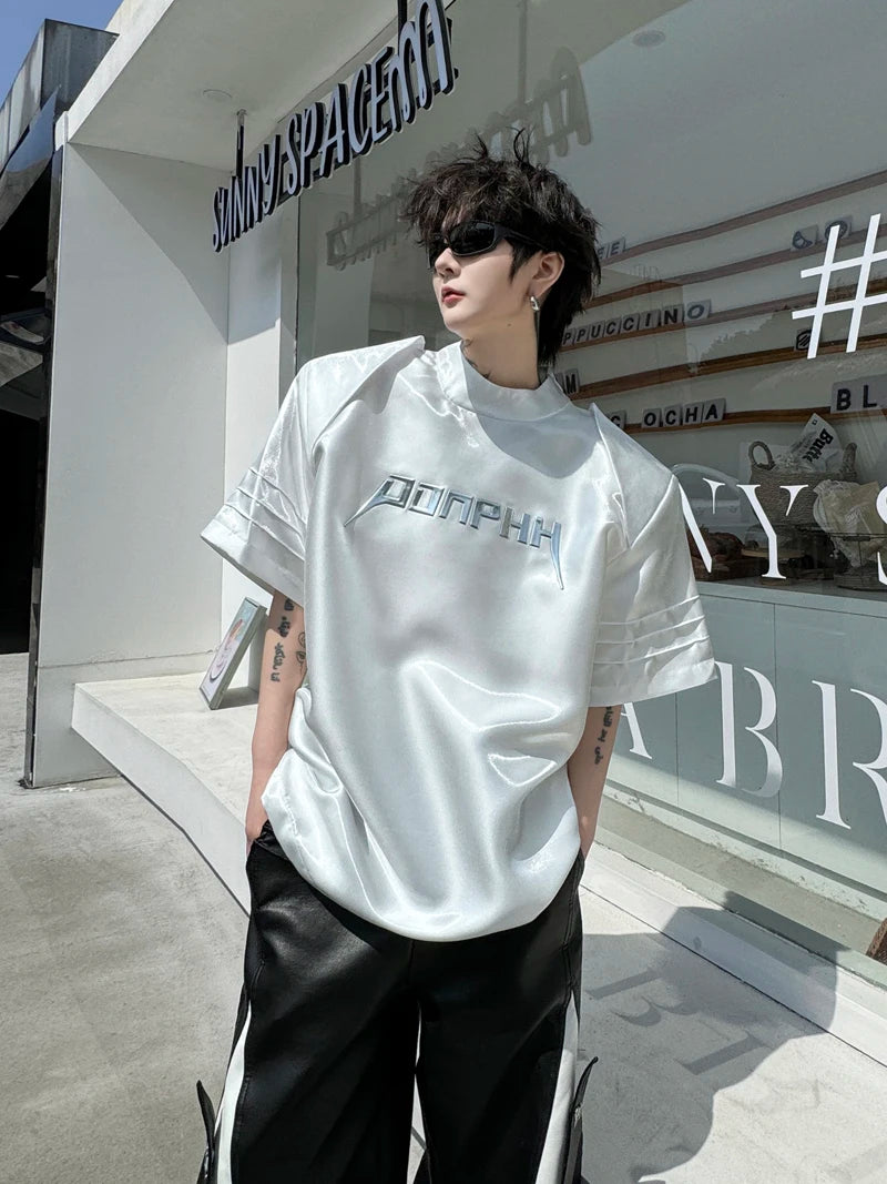 Voguable  Stylish Street Letter Splicing Design Short Sleeve Tops Men's Personality Shoulder Pad Original Handsome T Shirts voguable
