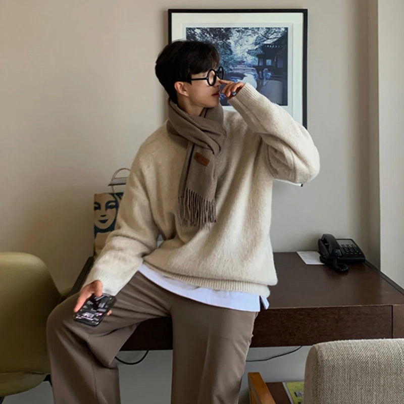 Men's Light Luxury Korean Popular Knit Pullover Sweater Fashion Retro O Neck Solid Color Long Sleeve Knitwear Streetwear Clothes voguable