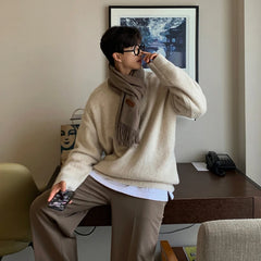 Men's Light Luxury Korean Popular Knit Pullover Sweater Fashion Retro O Neck Solid Color Long Sleeve Knitwear Streetwear Clothes voguable