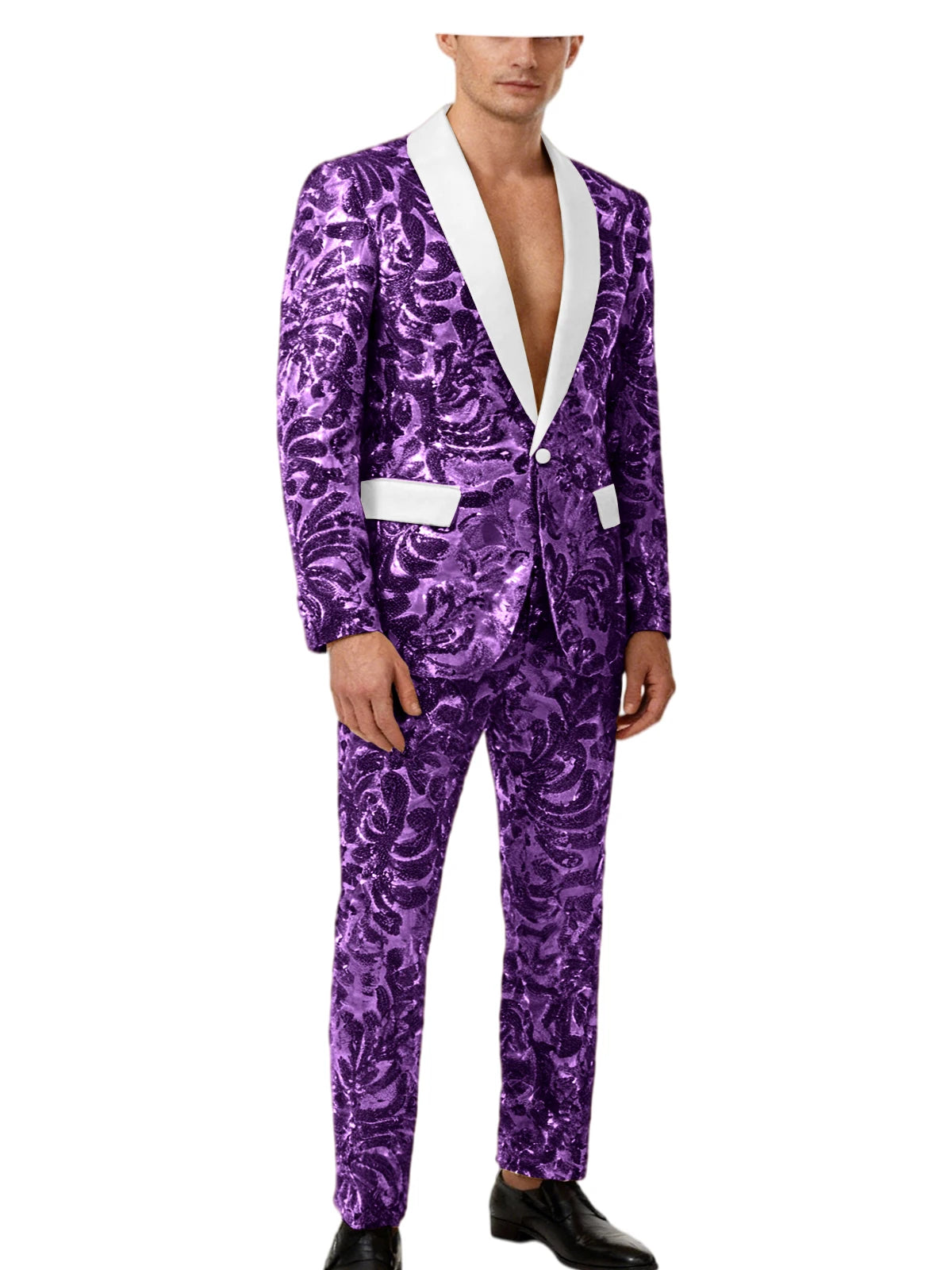 Voguable  Luxury Men's Sequin 2 Piece Set (Blazer+Pants) Shawl Collar 1 Button Slim Fit Sparkly Tuxedos Jacket Trousers for Wedding Party voguable