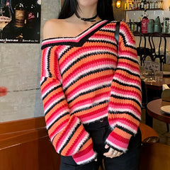 Multicolor Striped Pullover Women Sweater Soft Knitted V-Neck Long Sleeve Jumper Teen-girl Fall Winter 90s Y2K Outfit voguable