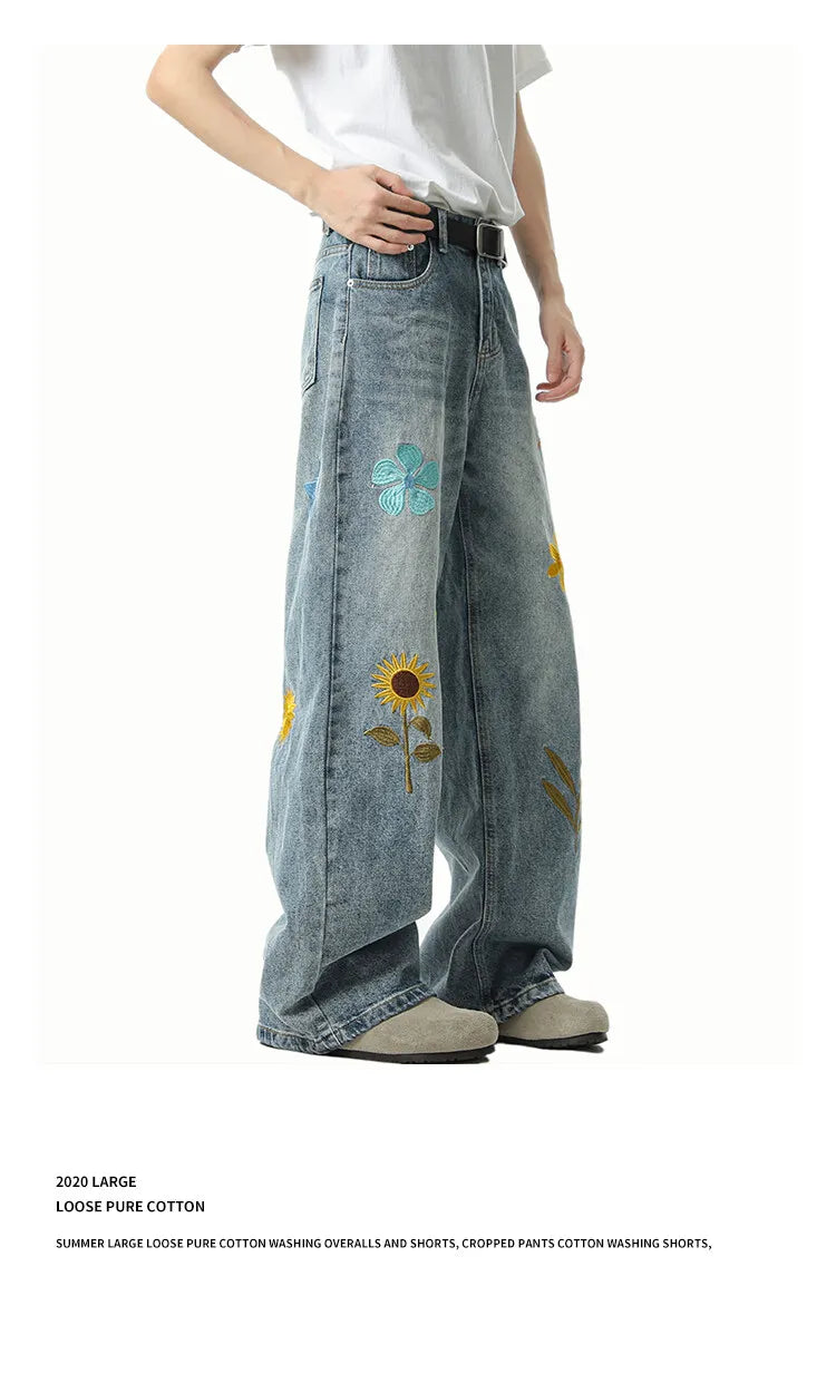 Jeans Men Washed Embroidered Jeans Loose Fit Straight Wide Leg Casual Denim Pants Fashion Trendy Streetwear Trousers Comfort voguable