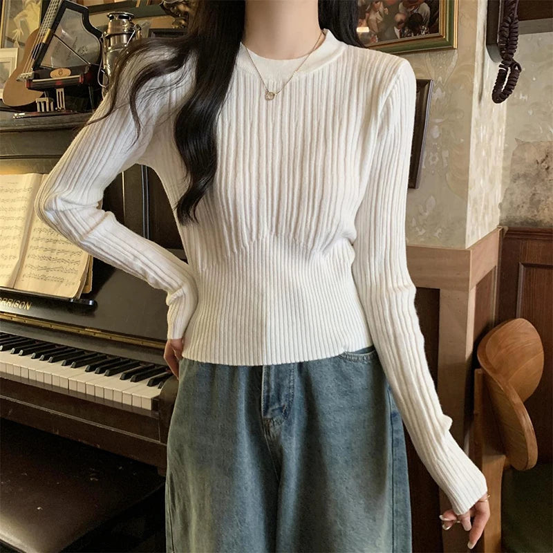 O Neck Knitted Sweater Women Korean Slim Long Sleeve Casual Crop Pullover Autumn Solid Simple All Match Sweater Female New voguable