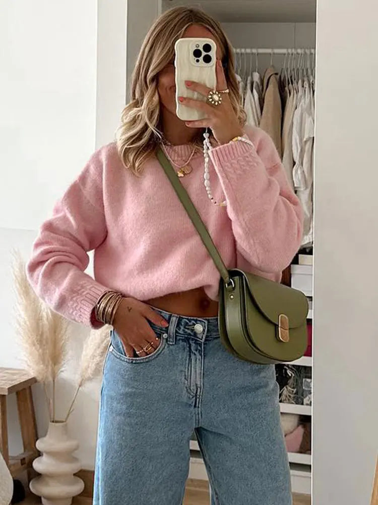 Solid Knit O-neck Elegant Women Pullover Long Sleeve Oversized Loose Soft Warm Sweater  Autumn Chic Casual Office Knitwears voguable
