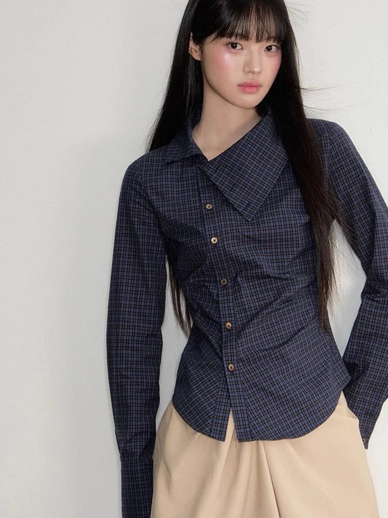 Vintage Slim Plaid Shirt Women Elegant Fall Long Sleeve Design Blouse Casual Preppy Style Female Retro Korean Sweet Tops voguable
