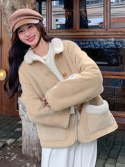 Women Faux Lamb Suede Jacket Winter Warm Long Sleeve Sweet Cotton Coat Korean Pockets Female Thick Vintage Outwear Tops voguable