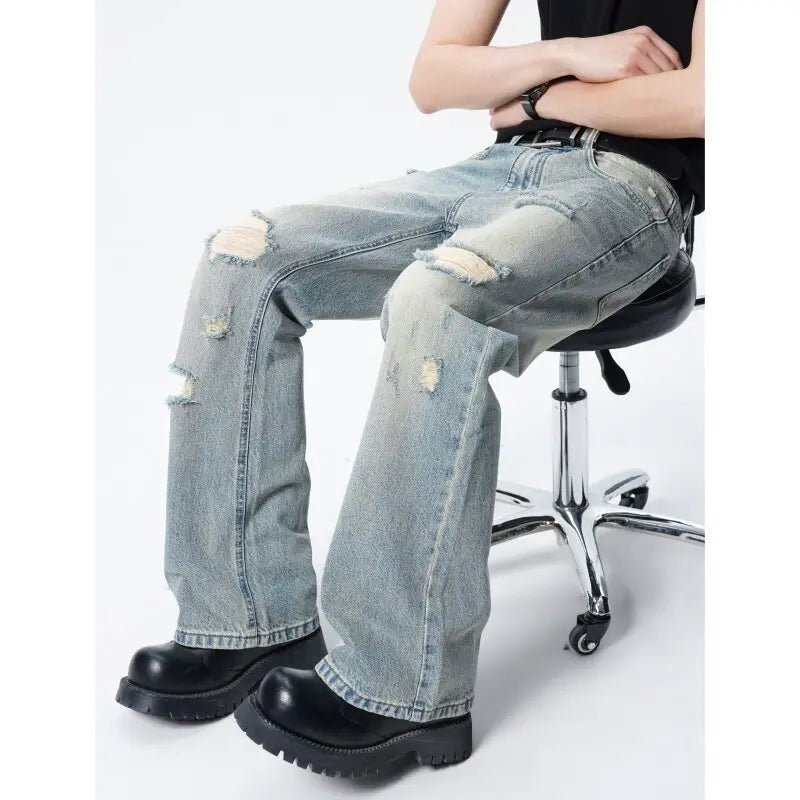 Men Straight Leg Vintage Blue Washed Denim Jeans Casual Ripped Distressed Trousers Classic Retro Style Comfortable Streetwear voguable