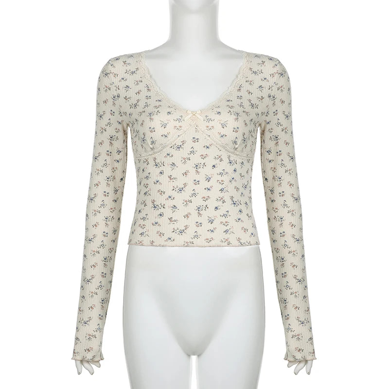 Voguable French Style Floral Print Knitted Tops Beige Color Lace Stitching V-neck Milkmaid T-shirt Autumn Cute Coquette Tees Y2K voguable
