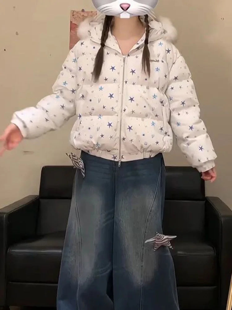 Women Winter Stars Sweet Parkas Fashion Hooded Warm Cute Puffy Coat Japan Long Sleeve Loose Female Preppy Style Chic Jacket New voguable