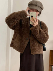 Winter Vintage Women Faux Lamb Coat Warm Soft Long Sleeve V Neck Sweet Jacket Retro Simple Solid Korean Female Preppy Style Tops voguable