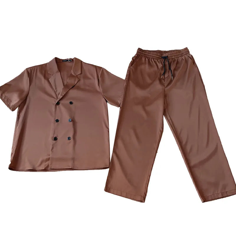 Voguable Summer Sets Men Fashion Double Breasted Short Sleeve Shirt/Trousers Two Piece Set Men Korean Loose Ice Silk Sets Mens Formal Set voguable