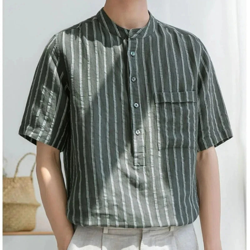 Voguable  Men Clothing Trendy Japanese Style Vintage Striped Print Short Sleeve Shirt Summer Simple Casual Stand Collar Loose Cotton Tops voguable