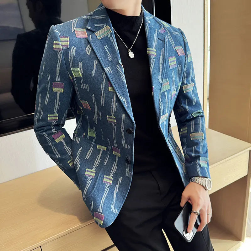 Voguable  Autumn Men's Suit Jacket Blazer Fashionable High-end Luxury Jacquard Denim Casual Suit Business Social Tailcoat 4XL-M voguable