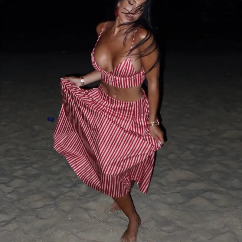 Stripe Bras And Pleat Skirt Sets Sexy Casual Boho Crop Top + Skirts Two Piece Set Vacation Woman Clothing 2025 New Summer Suit voguable